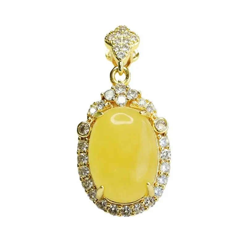 Aiyu Natural Amber Pendant Necklace with Diamond Set - Image 6