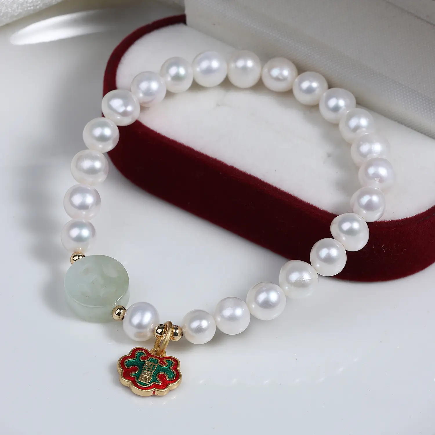 Natural Freshwater Pearl Bracelet with Hetian Jade Pendant - Image 4