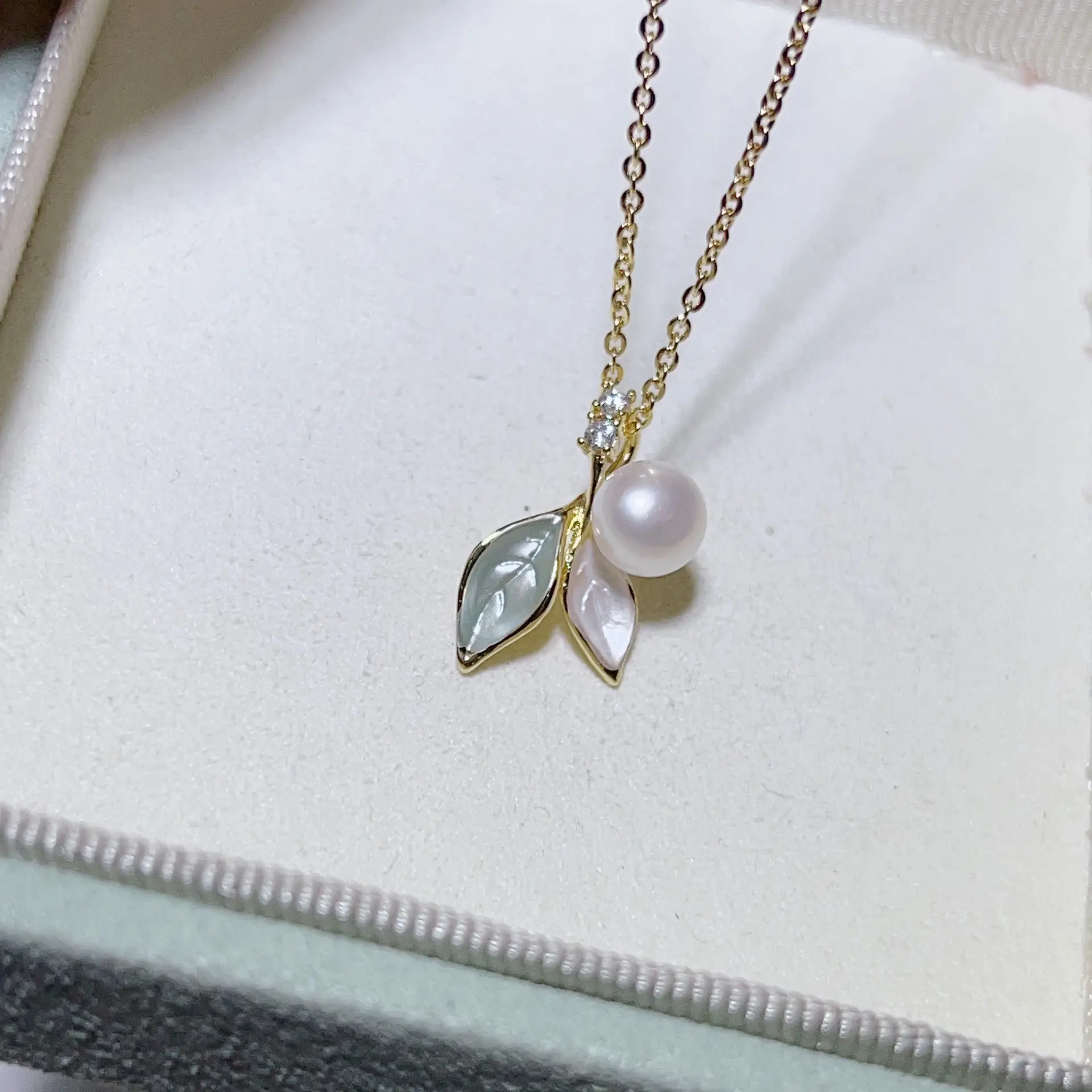 S925 Silver Pearl Leaf Earrings Necklace Ring Set - Image 4