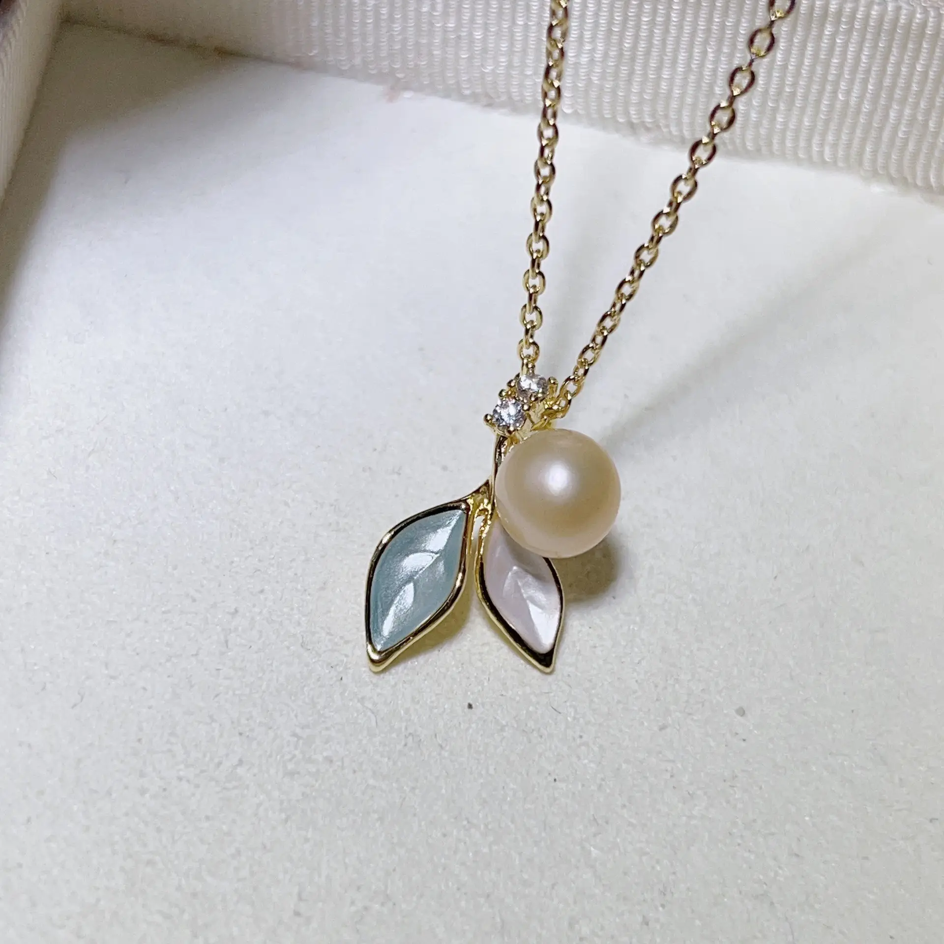 S925 Silver Pearl Leaf Earrings Necklace Ring Set - Image 5