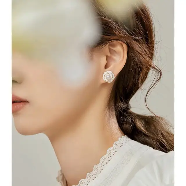 White Camellia Pearl Earrings for Women 2023 Spring Summer - Image 2