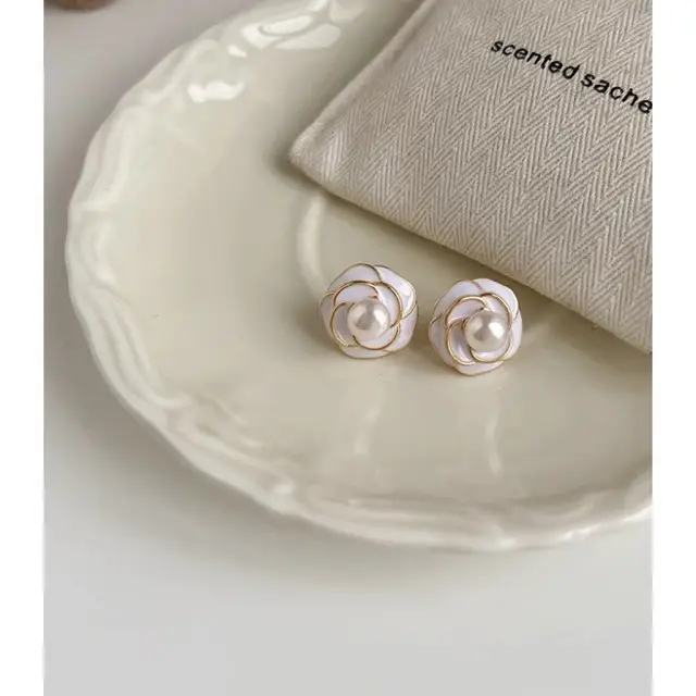 White Camellia Pearl Earrings for Women 2023 Spring Summer - Image 4