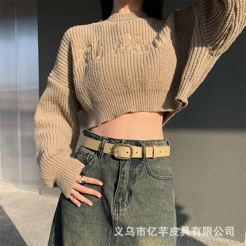 Brown Leather Belt with Gold buckle for Women - Image 9