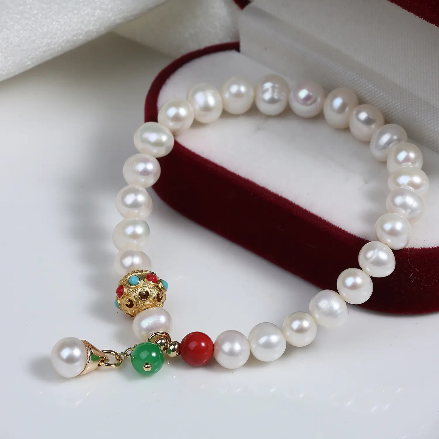 Chinese Style Pearl Bracelet with Red Green Spacers - Image 3