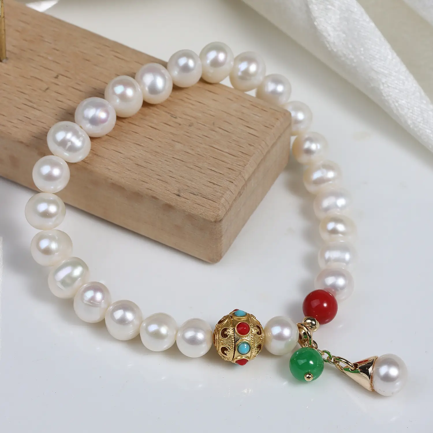 Chinese Style Pearl Bracelet with Red Green Spacers - Image 4