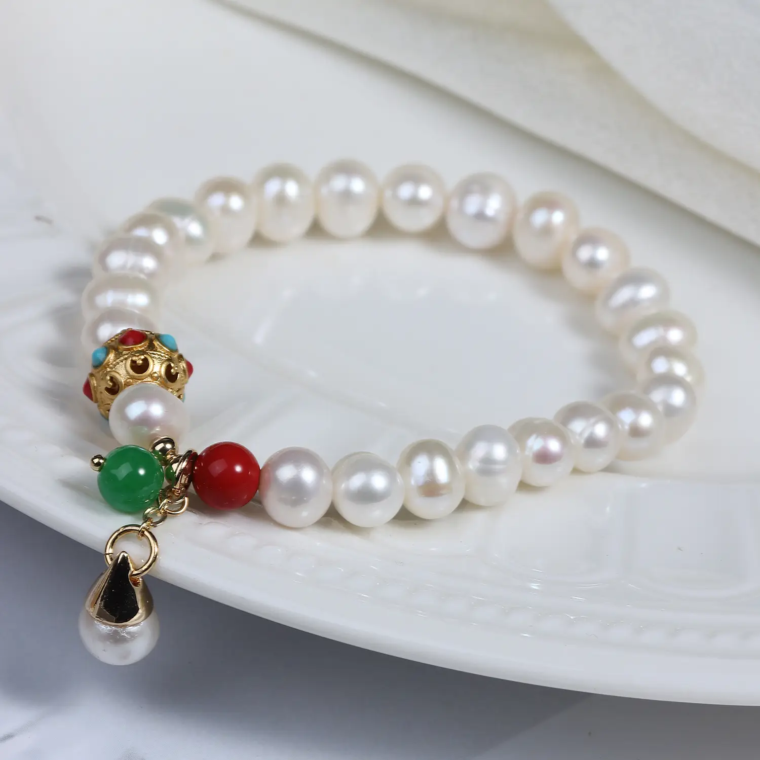Chinese Style Pearl Bracelet with Red Green Spacers - Image 5