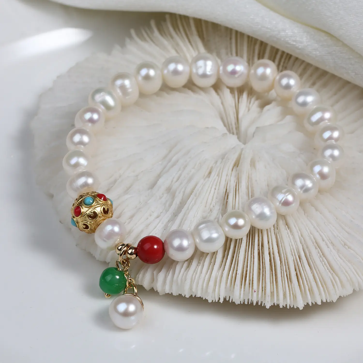 Chinese Style Pearl Bracelet with Red Green Spacers - Image 6