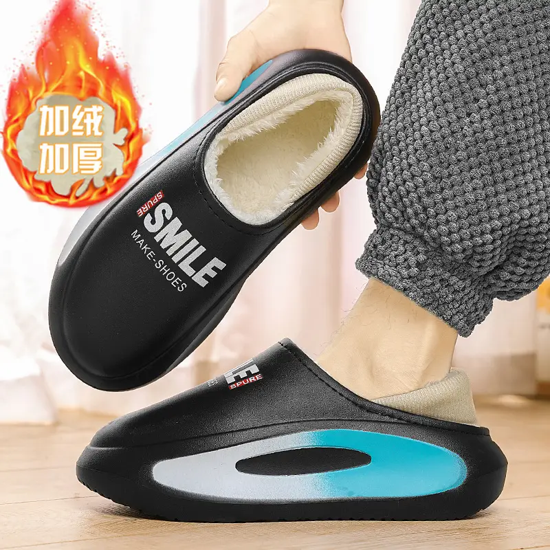 Cotton slippers men's winter couple's thick-soled thick-soled parent-child fleece-lined warm waterproof woolen slippers lazy shoes cotton-padded shoes - Image 3