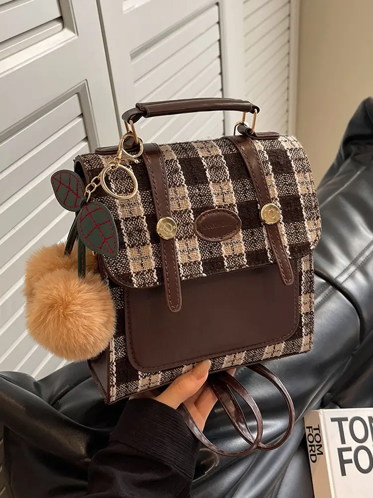 Women's 2025 Crossbody Bag Brown Plaid Pom Pom - Image 4