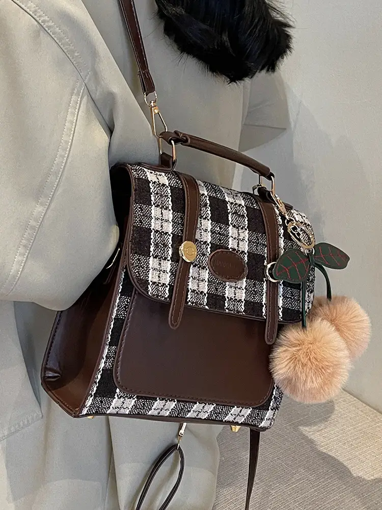 Women's 2025 Crossbody Bag Brown Plaid Pom Pom - Image 5