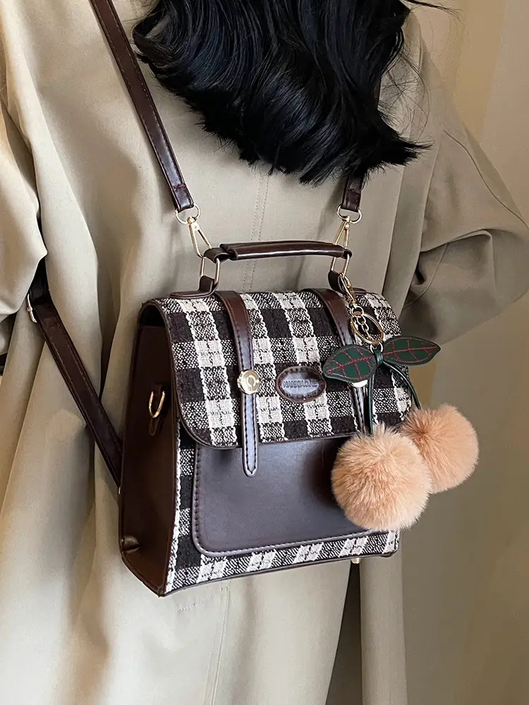 Women's 2025 Crossbody Bag Brown Plaid Pom Pom - Image 6
