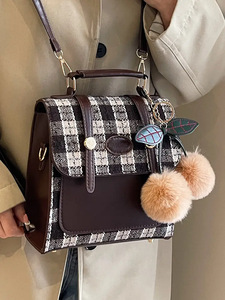 Women's 2025 Crossbody Bag Brown Plaid Pom Pom - Image 7
