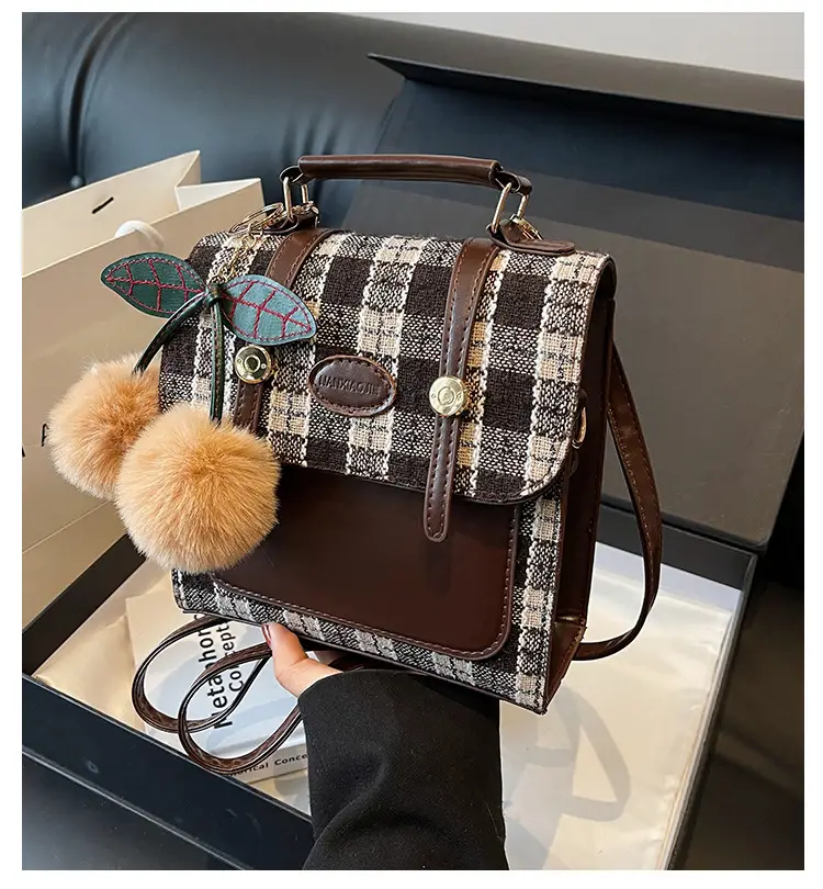 Women's 2025 Crossbody Bag Brown Plaid Pom Pom — feature 1