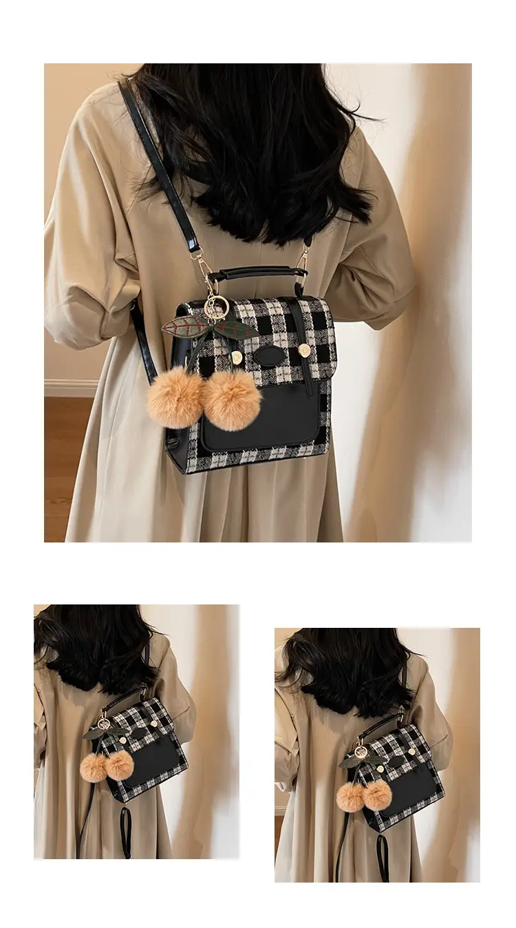 Women's 2025 Crossbody Bag Brown Plaid Pom Pom — feature 10