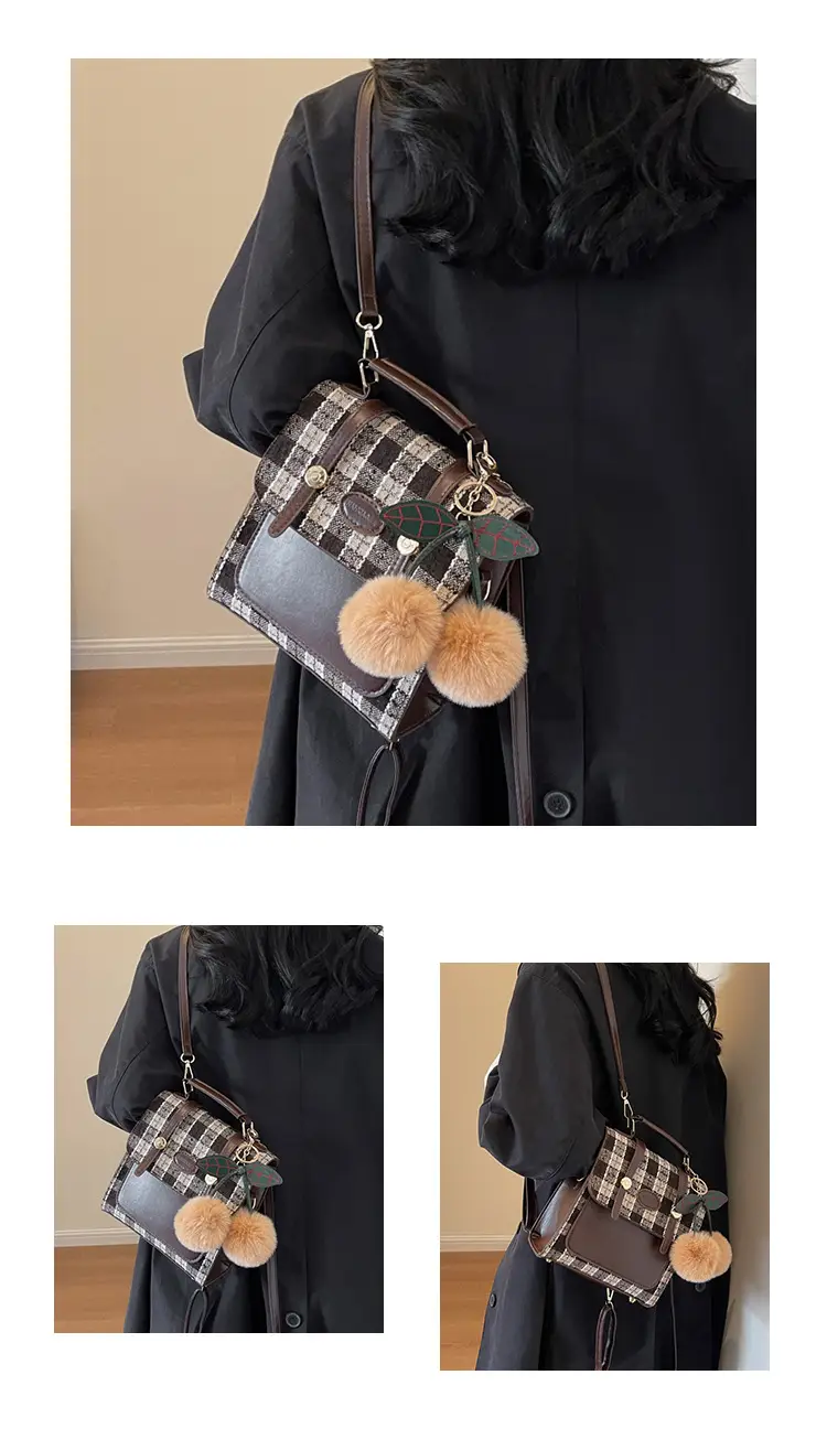 Women's 2025 Crossbody Bag Brown Plaid Pom Pom — feature 11