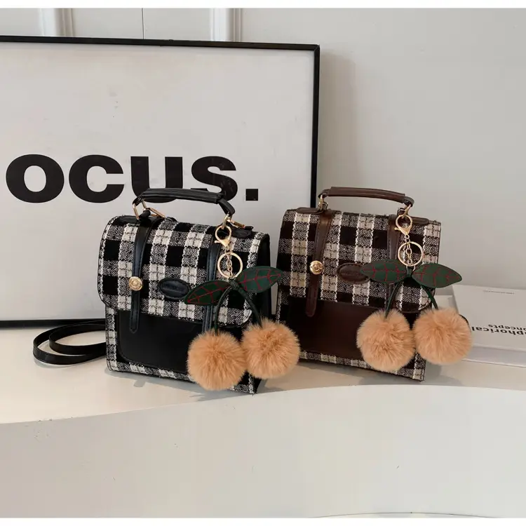 Women's 2025 Crossbody Bag Brown Plaid Pom Pom — feature 12