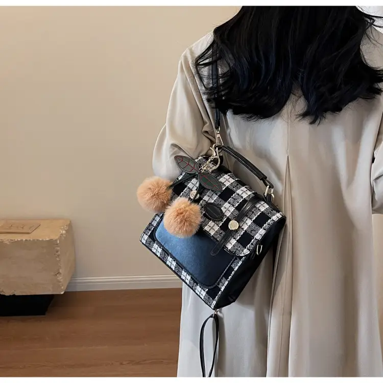 Women's 2025 Crossbody Bag Brown Plaid Pom Pom — feature 13