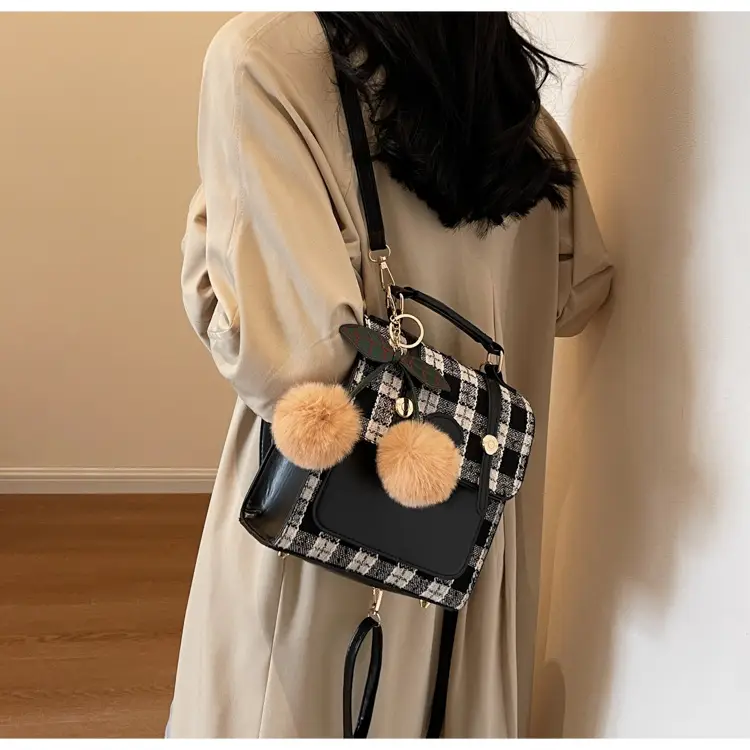 Women's 2025 Crossbody Bag Brown Plaid Pom Pom — feature 14