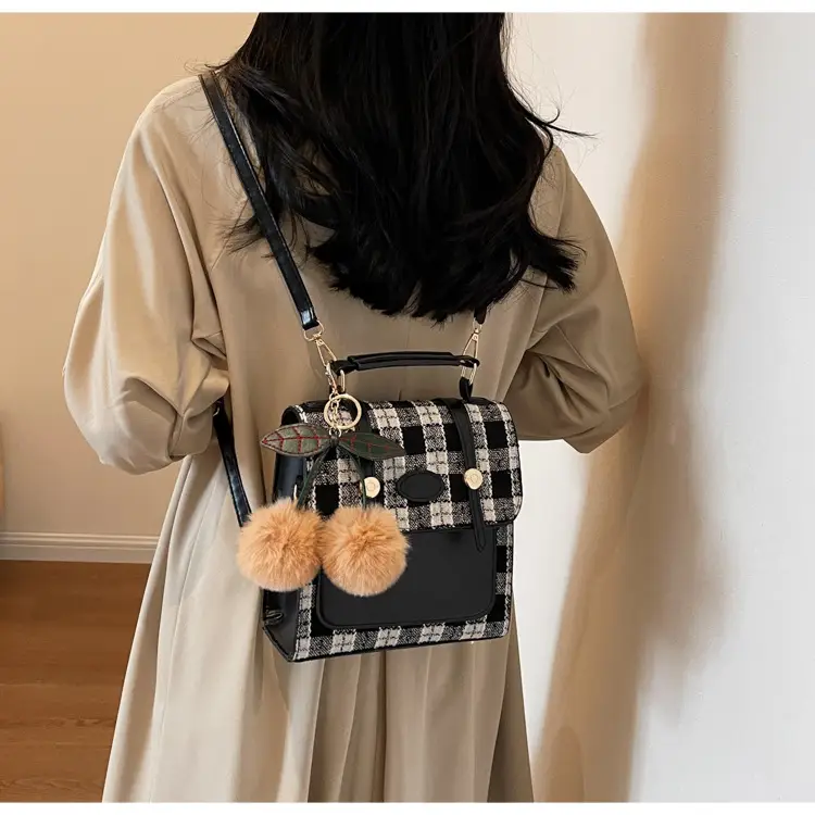 Women's 2025 Crossbody Bag Brown Plaid Pom Pom — feature 15