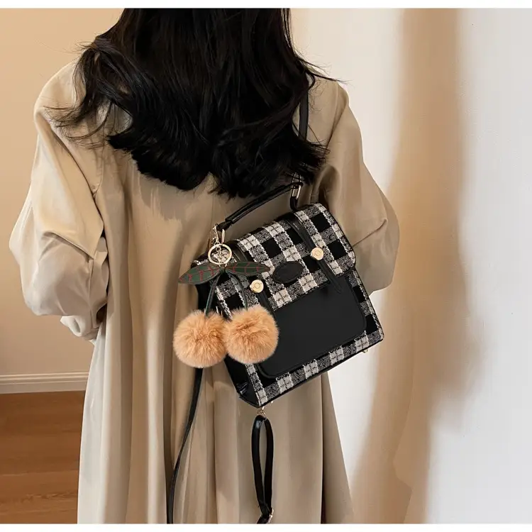 Women's 2025 Crossbody Bag Brown Plaid Pom Pom — feature 16