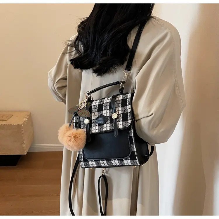 Women's 2025 Crossbody Bag Brown Plaid Pom Pom — feature 17