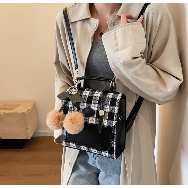 Women's 2025 Crossbody Bag Brown Plaid Pom Pom — feature 18
