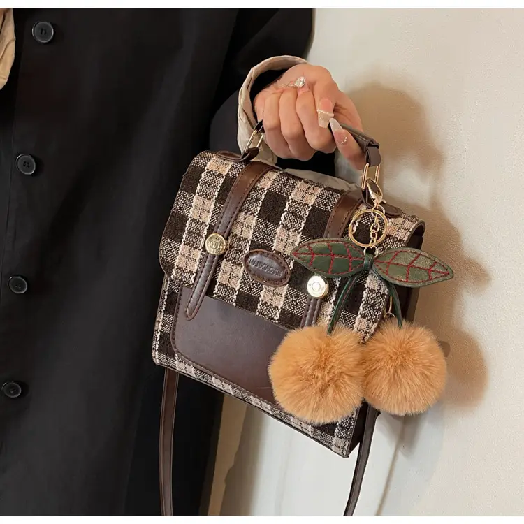 Women's 2025 Crossbody Bag Brown Plaid Pom Pom — feature 19