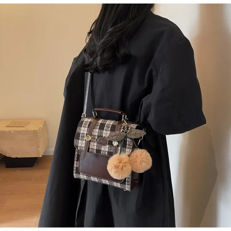 Women's 2025 Crossbody Bag Brown Plaid Pom Pom — feature 20