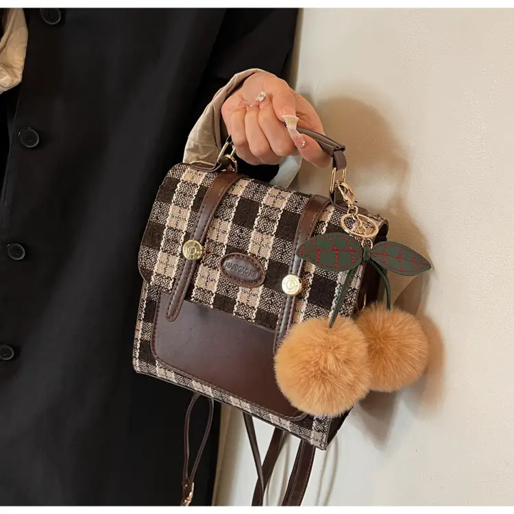 Women's 2025 Crossbody Bag Brown Plaid Pom Pom — feature 21