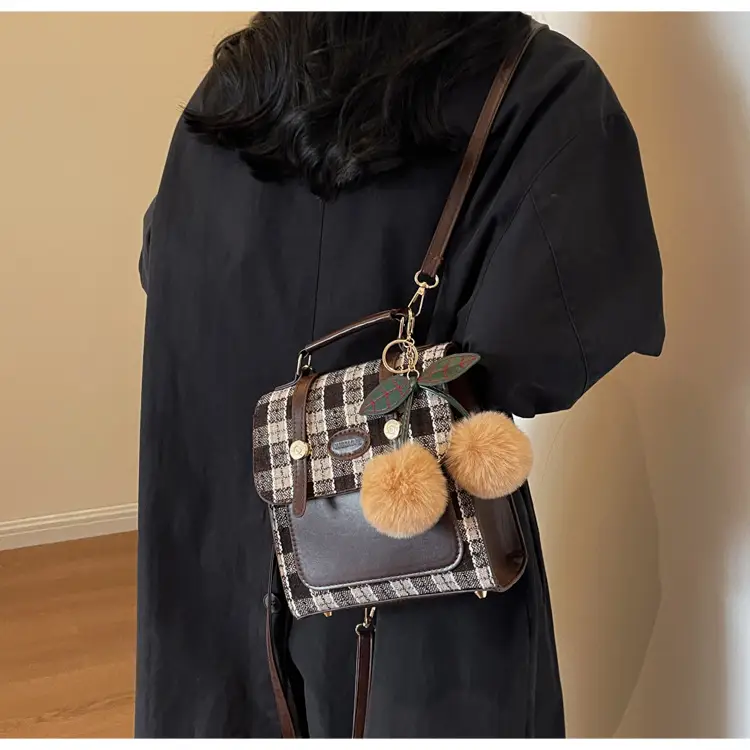 Women's 2025 Crossbody Bag Brown Plaid Pom Pom — feature 22