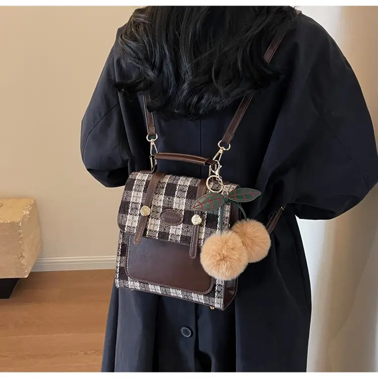 Women's 2025 Crossbody Bag Brown Plaid Pom Pom — feature 23