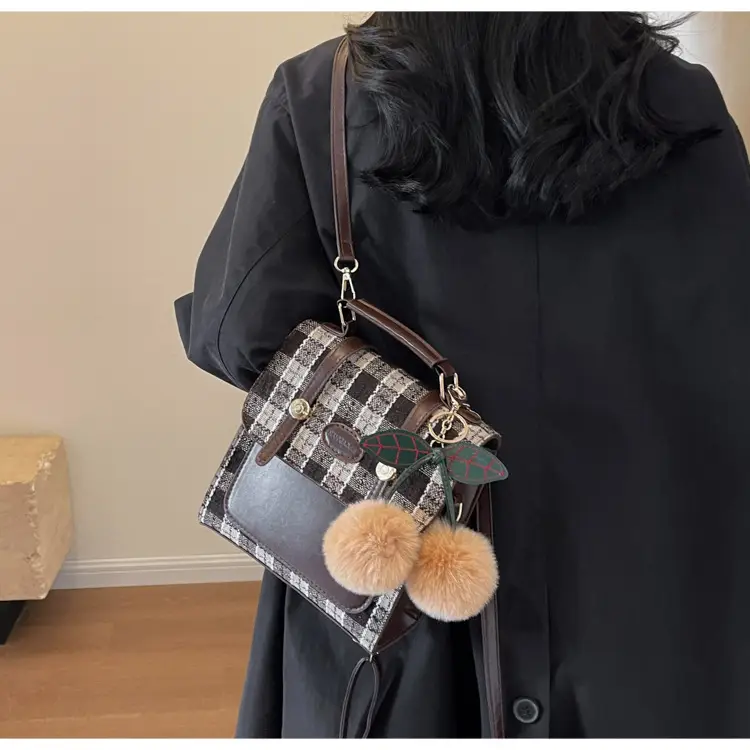 Women's 2025 Crossbody Bag Brown Plaid Pom Pom — feature 24