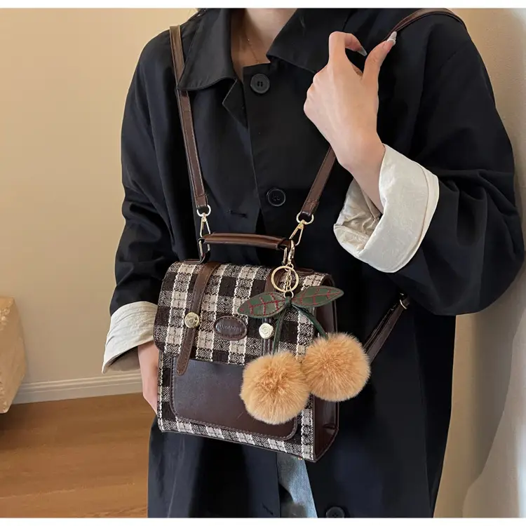 Women's 2025 Crossbody Bag Brown Plaid Pom Pom — feature 25