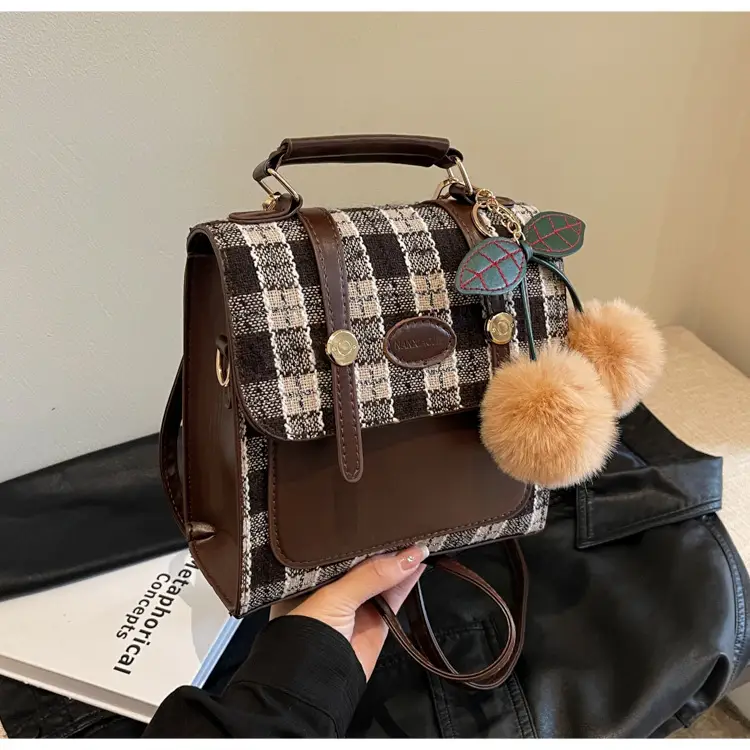 Women's 2025 Crossbody Bag Brown Plaid Pom Pom — feature 26