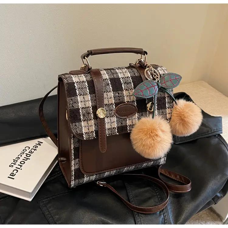 Women's 2025 Crossbody Bag Brown Plaid Pom Pom — feature 27