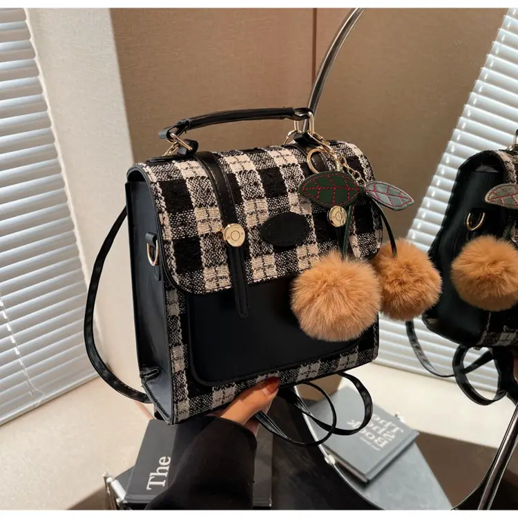 Women's 2025 Crossbody Bag Brown Plaid Pom Pom — feature 28