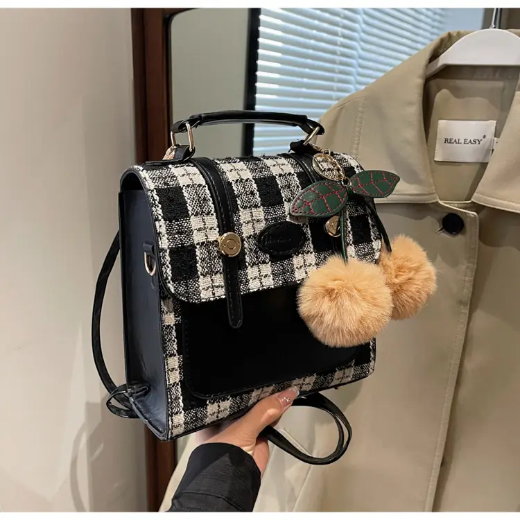 Women's 2025 Crossbody Bag Brown Plaid Pom Pom — feature 29