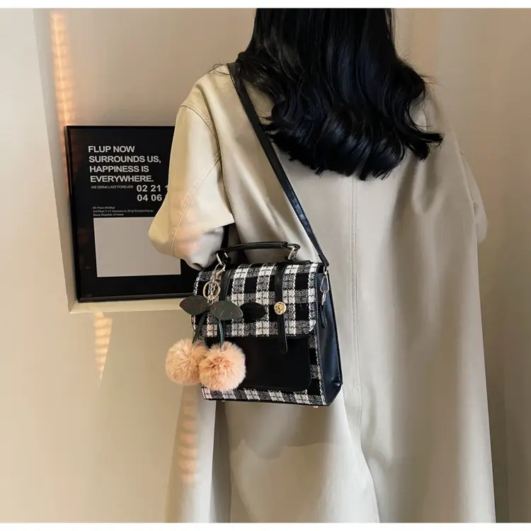 Women's 2025 Crossbody Bag Brown Plaid Pom Pom — feature 30