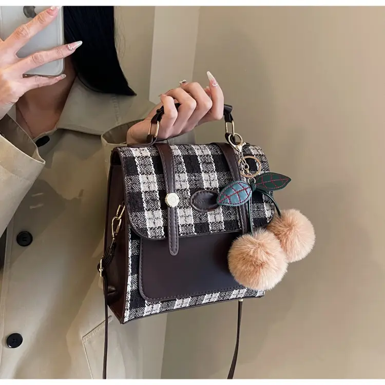 Women's 2025 Crossbody Bag Brown Plaid Pom Pom — feature 31