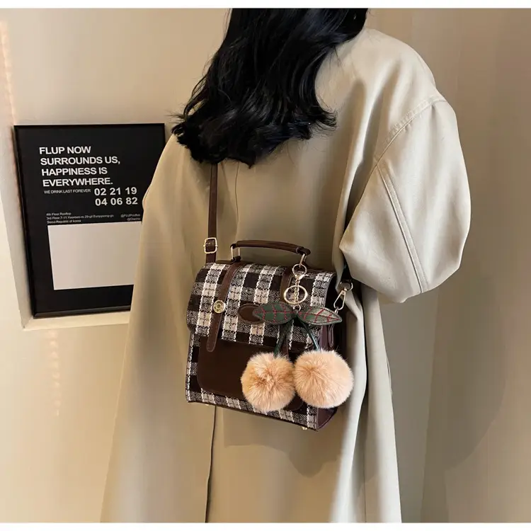 Women's 2025 Crossbody Bag Brown Plaid Pom Pom — feature 32