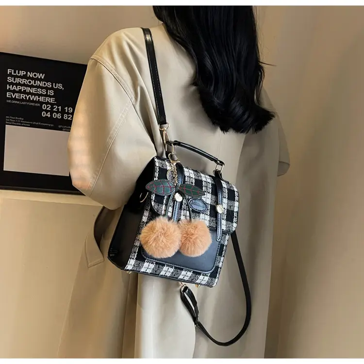 Women's 2025 Crossbody Bag Brown Plaid Pom Pom — feature 33