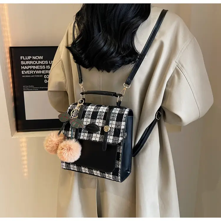 Women's 2025 Crossbody Bag Brown Plaid Pom Pom — feature 34