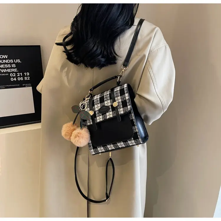 Women's 2025 Crossbody Bag Brown Plaid Pom Pom — feature 35
