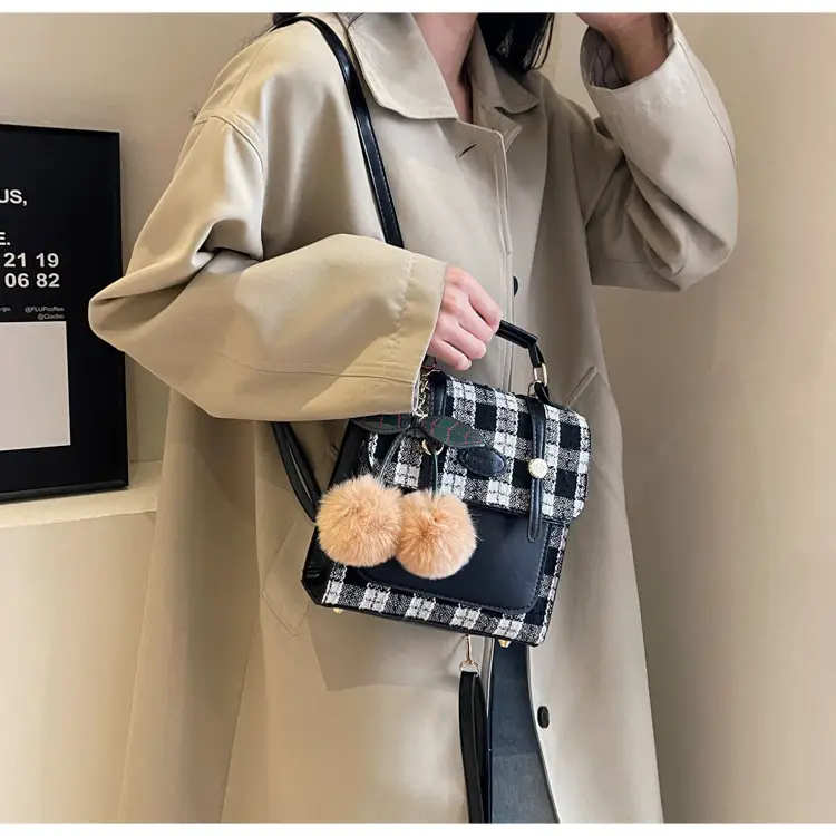 Women's 2025 Crossbody Bag Brown Plaid Pom Pom — feature 36