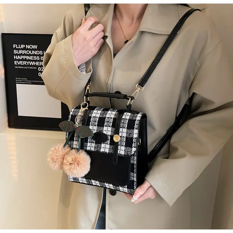Women's 2025 Crossbody Bag Brown Plaid Pom Pom — feature 37