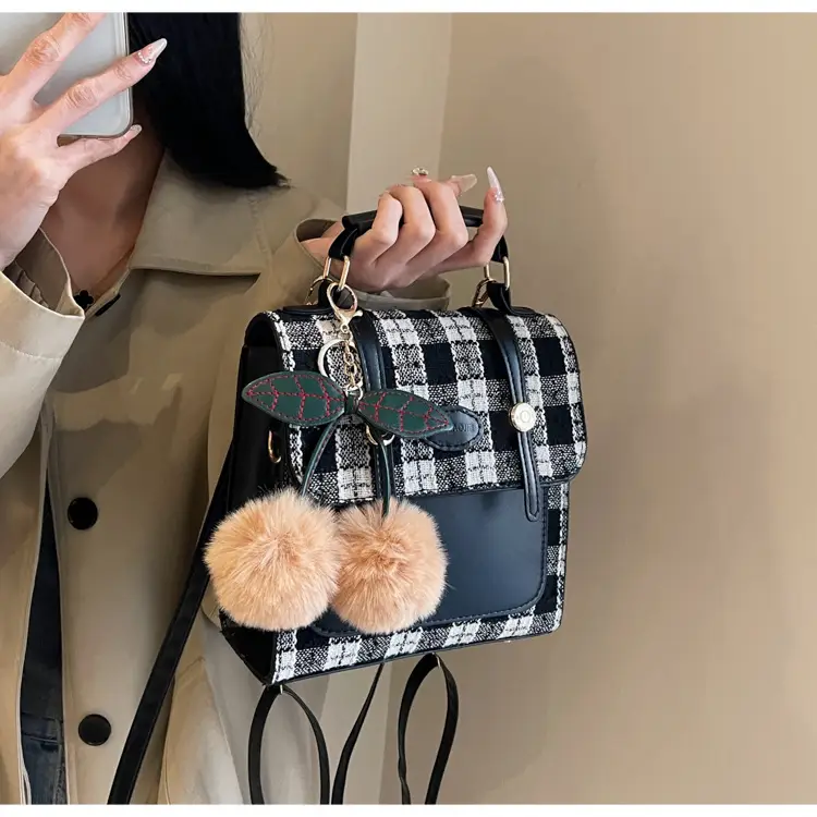 Women's 2025 Crossbody Bag Brown Plaid Pom Pom — feature 38