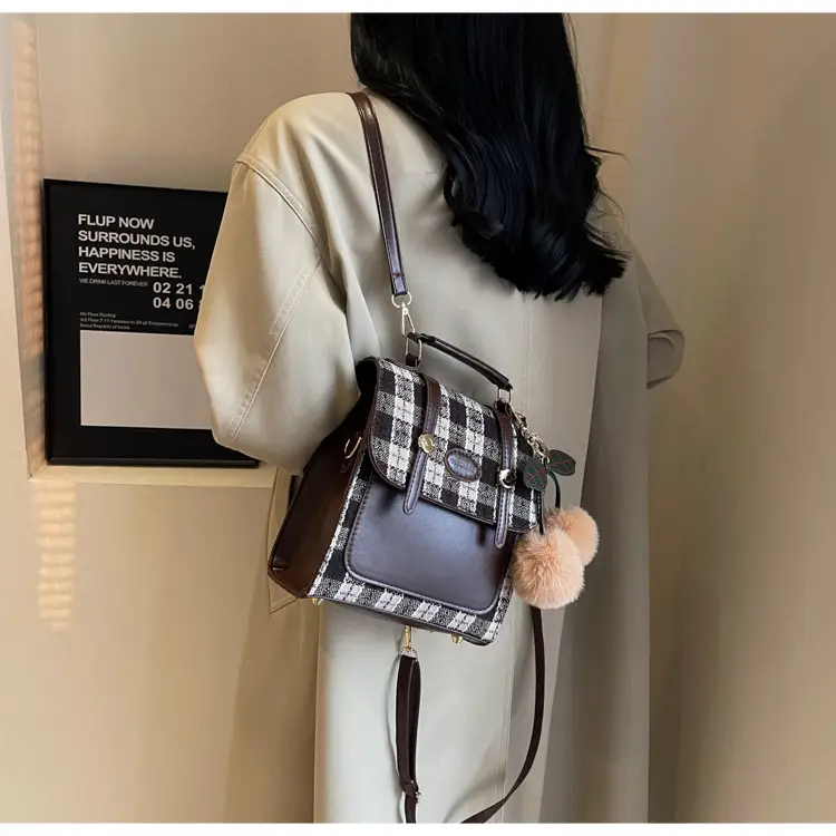 Women's 2025 Crossbody Bag Brown Plaid Pom Pom — feature 39