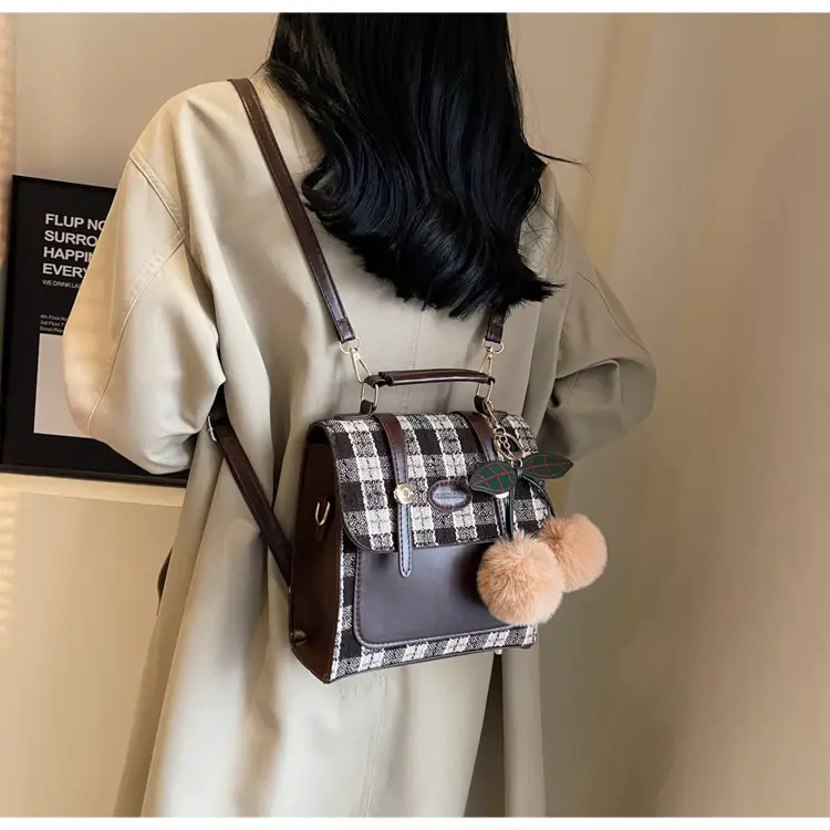 Women's 2025 Crossbody Bag Brown Plaid Pom Pom — feature 40