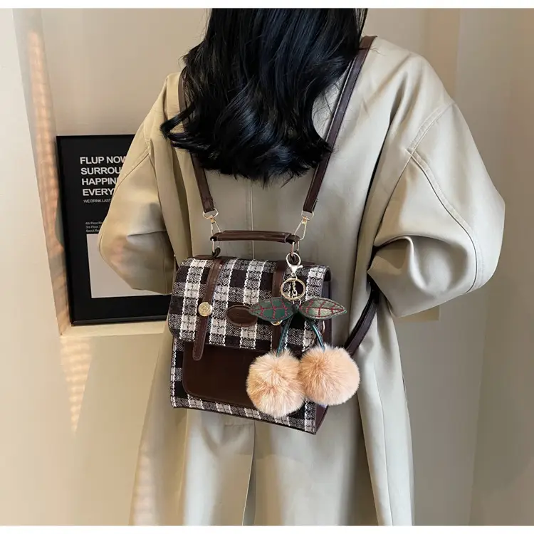 Women's 2025 Crossbody Bag Brown Plaid Pom Pom — feature 41