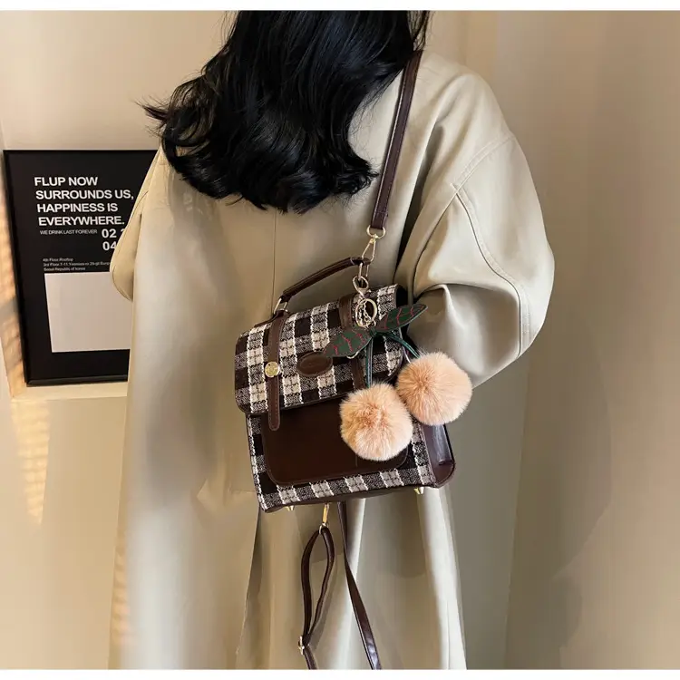 Women's 2025 Crossbody Bag Brown Plaid Pom Pom — feature 42